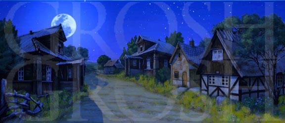 Brigadoon Village at Night Backdrop Projection
