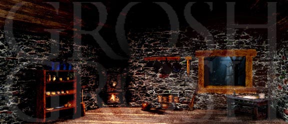 Into the Woods baker's cottage interior backdrop projection