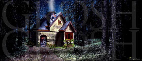 Into the Woods cottage backdrop projection