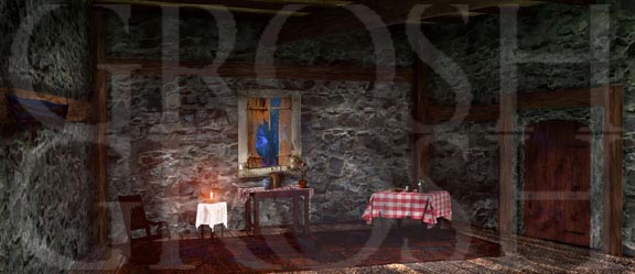 Into the woods grandma's cottage interior backdrop projection