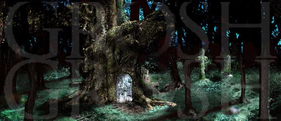 Into the Woods witch house in the woods backdrop projection